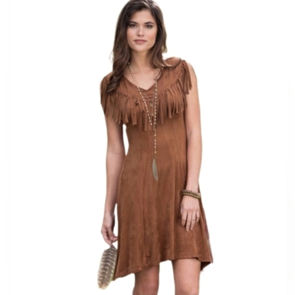 Tasha Polizzi Dresses & Skirts - Tasha Polizzi Dress Fringed Faux Suede Western Cowgirl Brown Size S